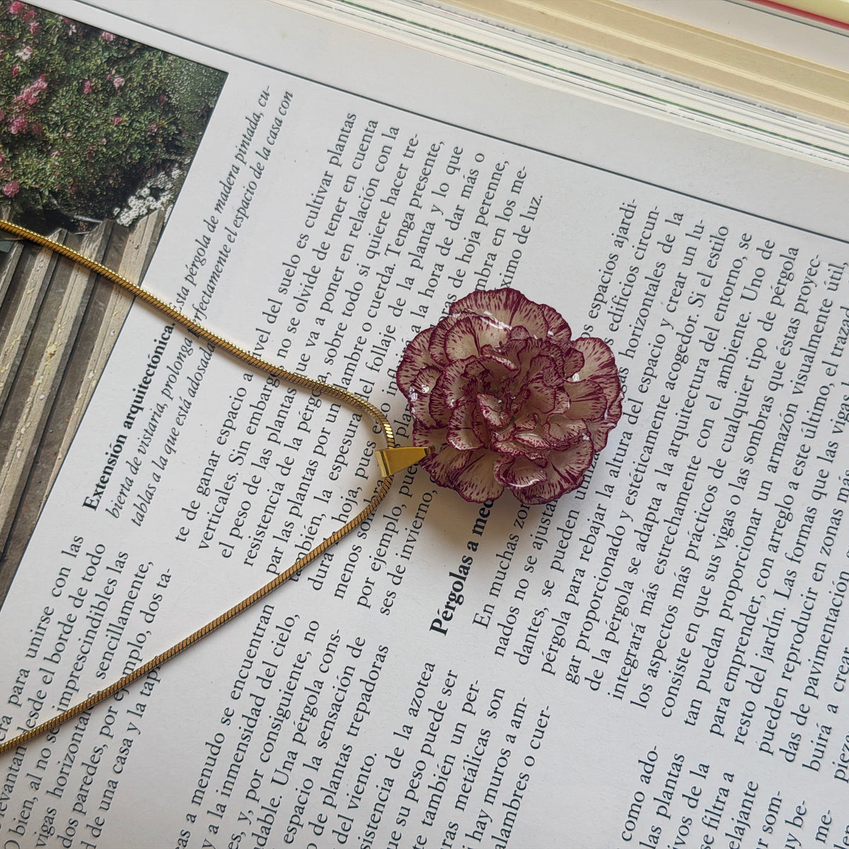 Collar Clavel Nácar con cadena dorada sobre un libro de jardinería abierto