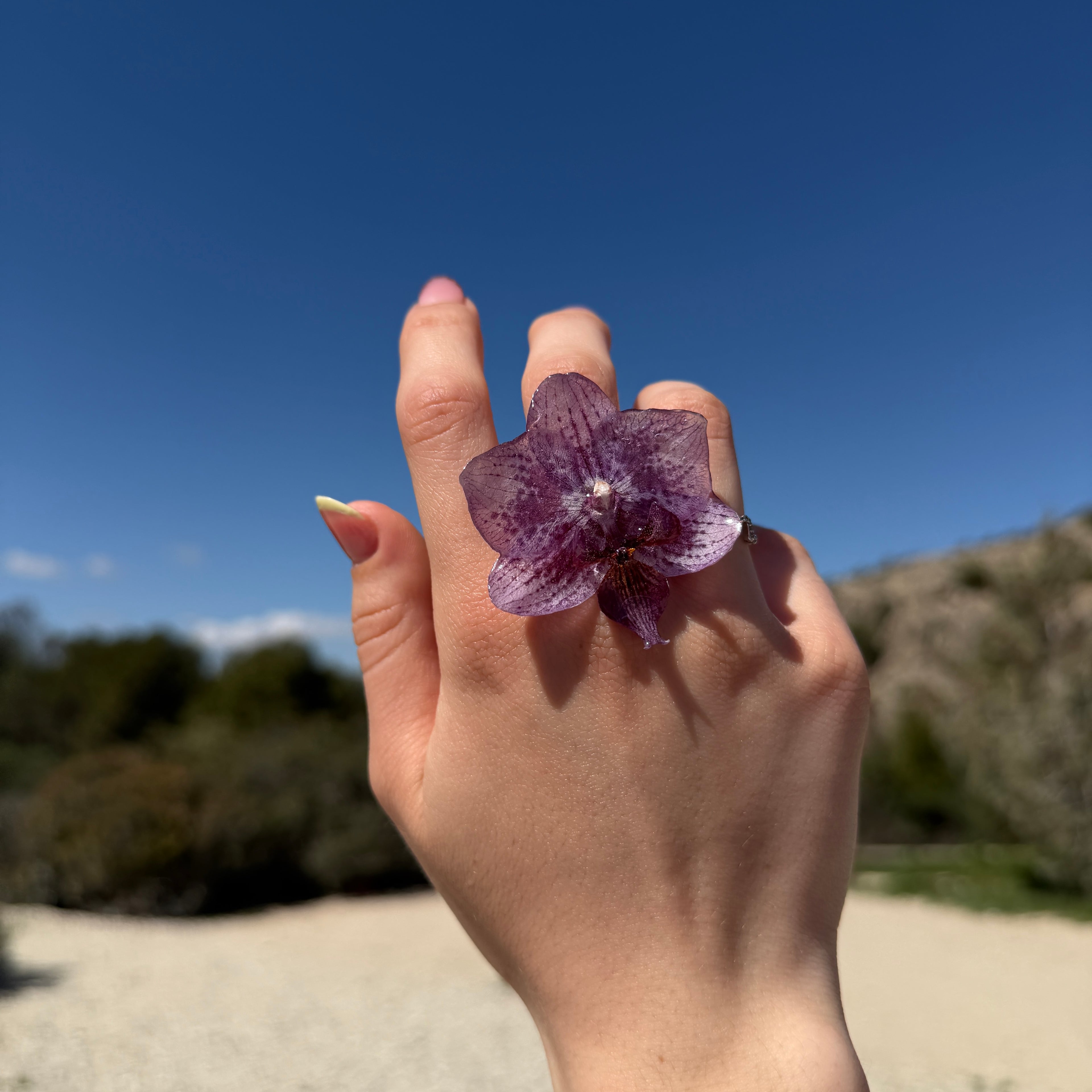 Anillo de orquídea malva en resina elevado hacia cielo azul despejado con montañas al fondo