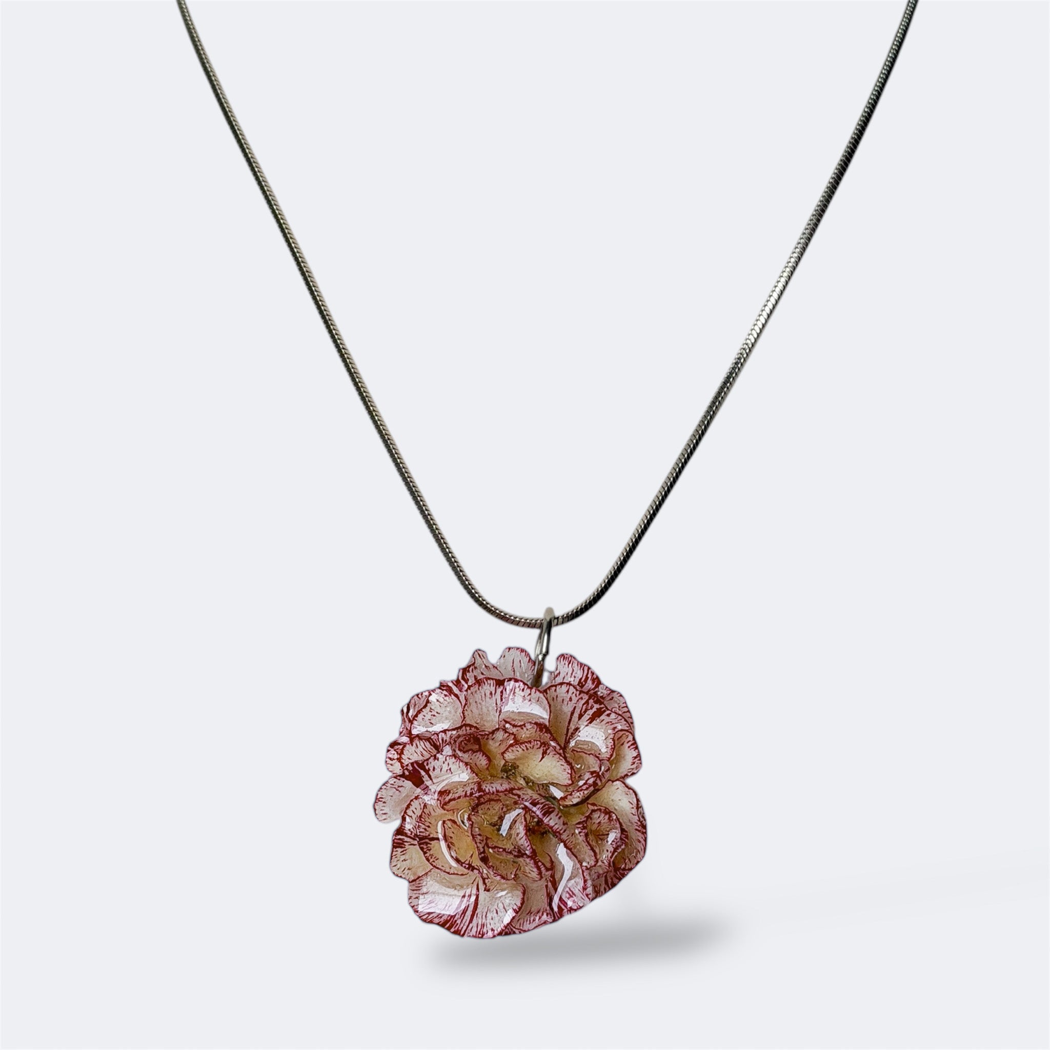 Collar Clavel Nácar con cadena plateada y flor natural preservada