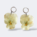 Par de Pendientes Pensamiento Alborada con flor blanco-crema y destellos dorados en aros plateados, fondo gris