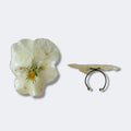 Anillo de pensamiento natural preservado en resina blanca con detalles de pan de oro, vista frontal y lateral, fondo blanco