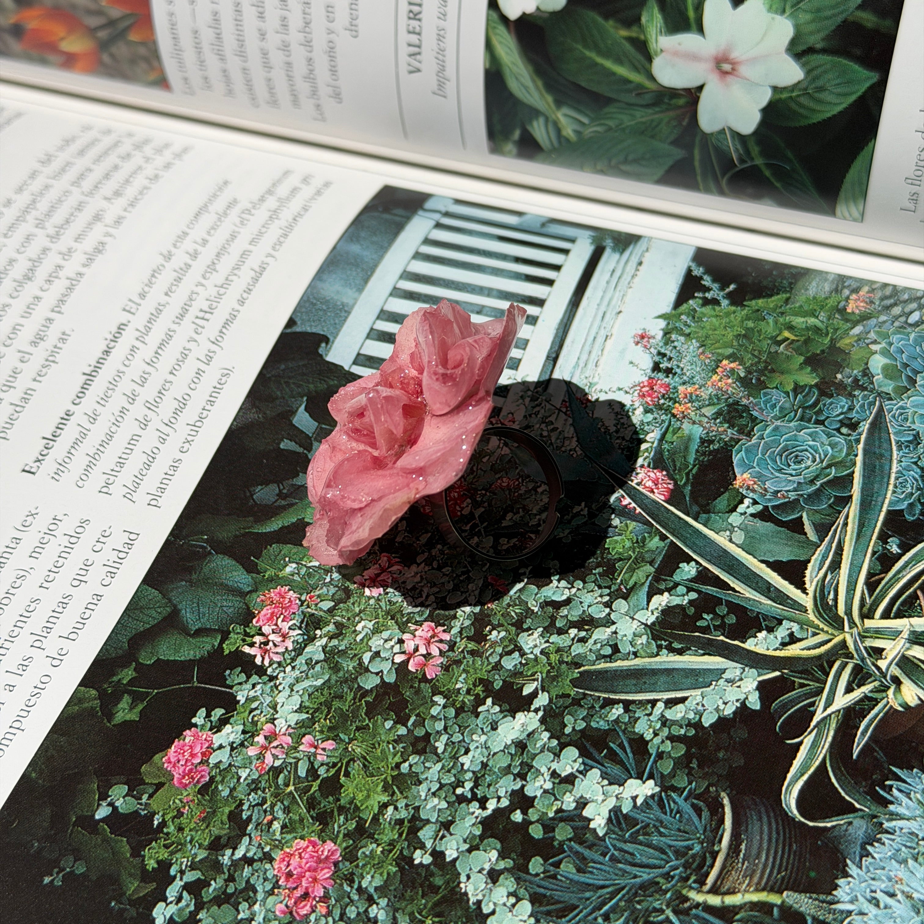 Anillo de clavel rosa encapsulado en resina sobre revista botanica abierta