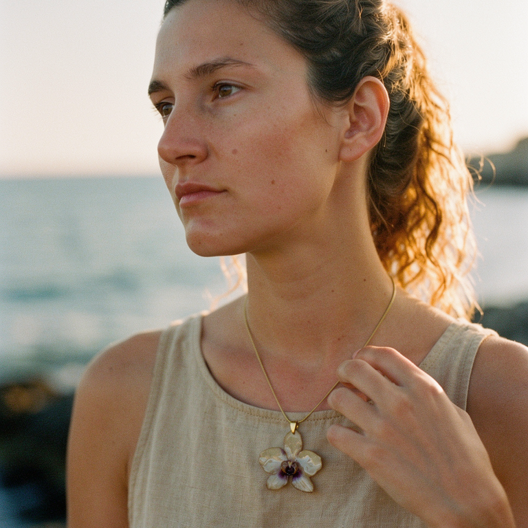 Mujer llevando collar de orquídea blanco crema encapsulada en resina sobre el escote, junto al mar