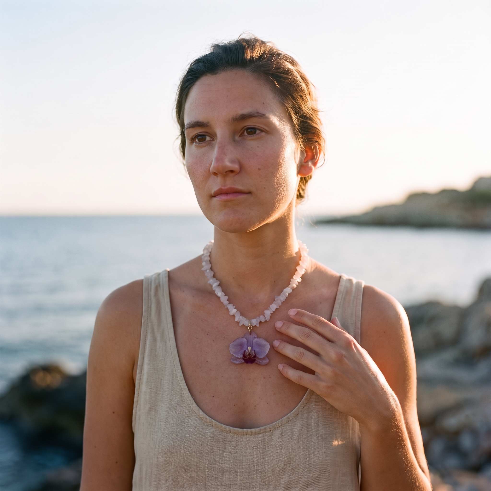 Mujer llevando collar de orquídea violeta encapsulada en resina sobre el escote, junto al mar