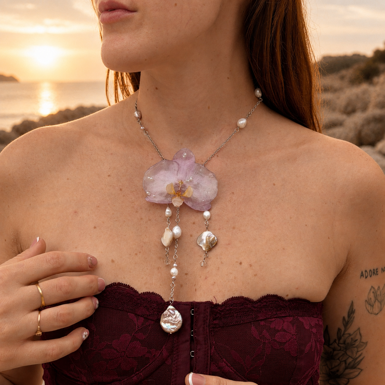 Mujer llevando collar de orquídea lila encapsulada en resina sobre el escote, al atardecer junto al mar