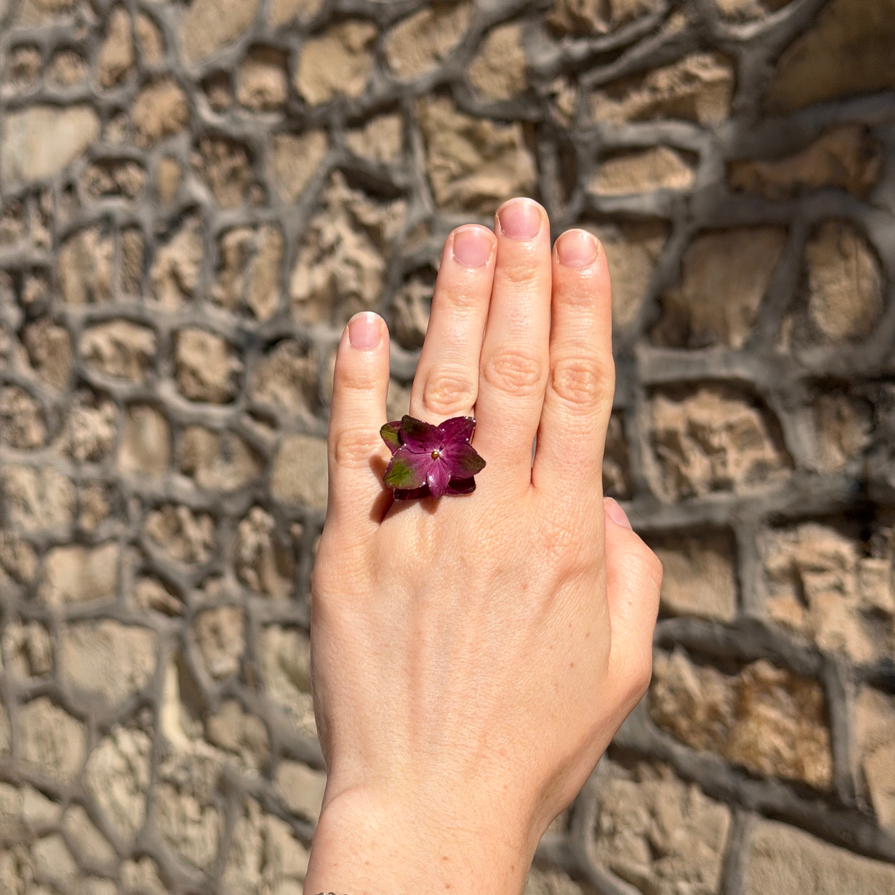 Anillo de hortensias magenta encapsuladas en resina en el dedo, sobre pared de piedra