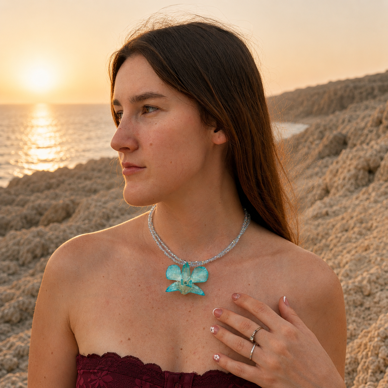 Modelo con collar de orquídea turquesa real preservada en resina en la costa al atardecer