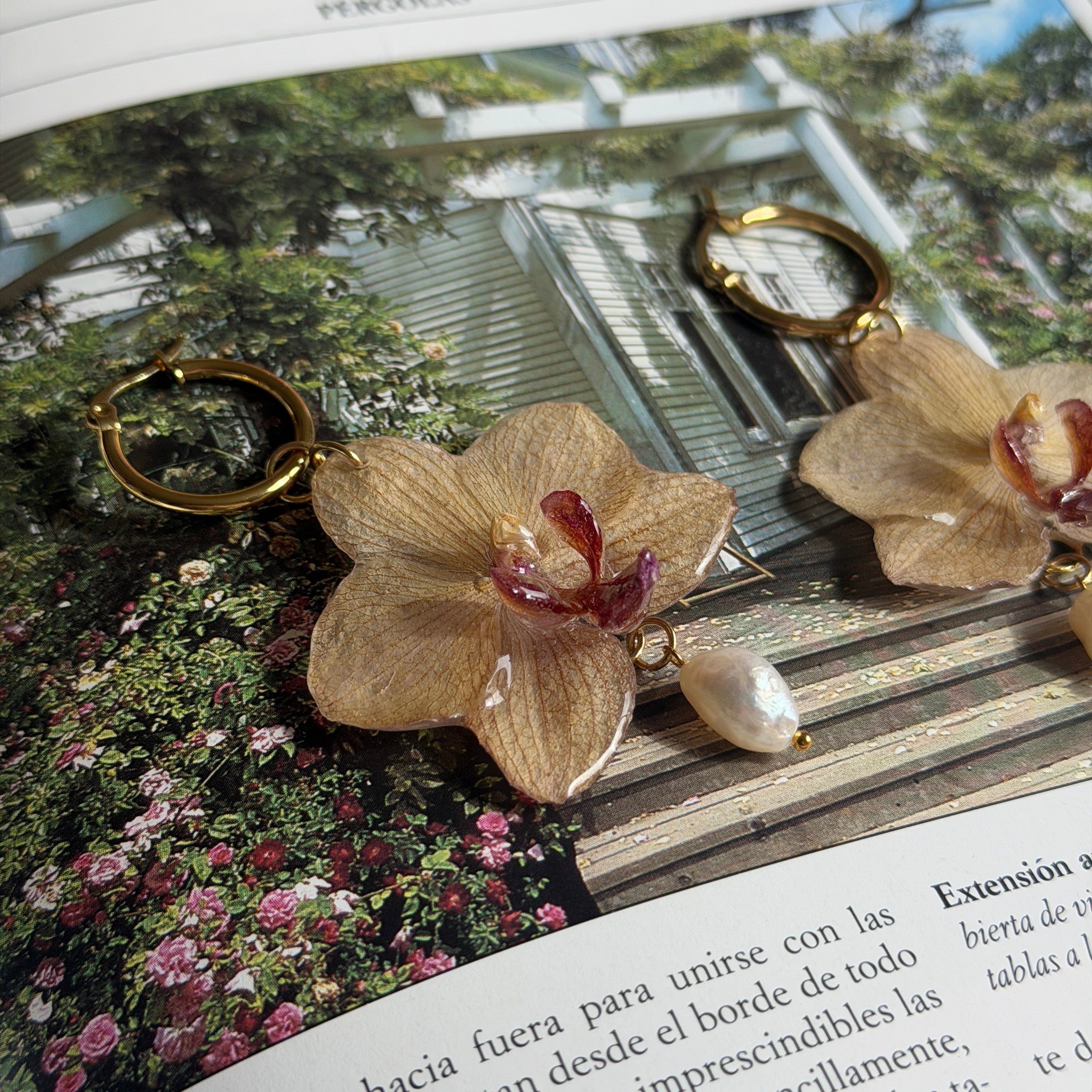 Pendientes de orquídea marfil tostado encapsulada en resina sobre una revista de jardín