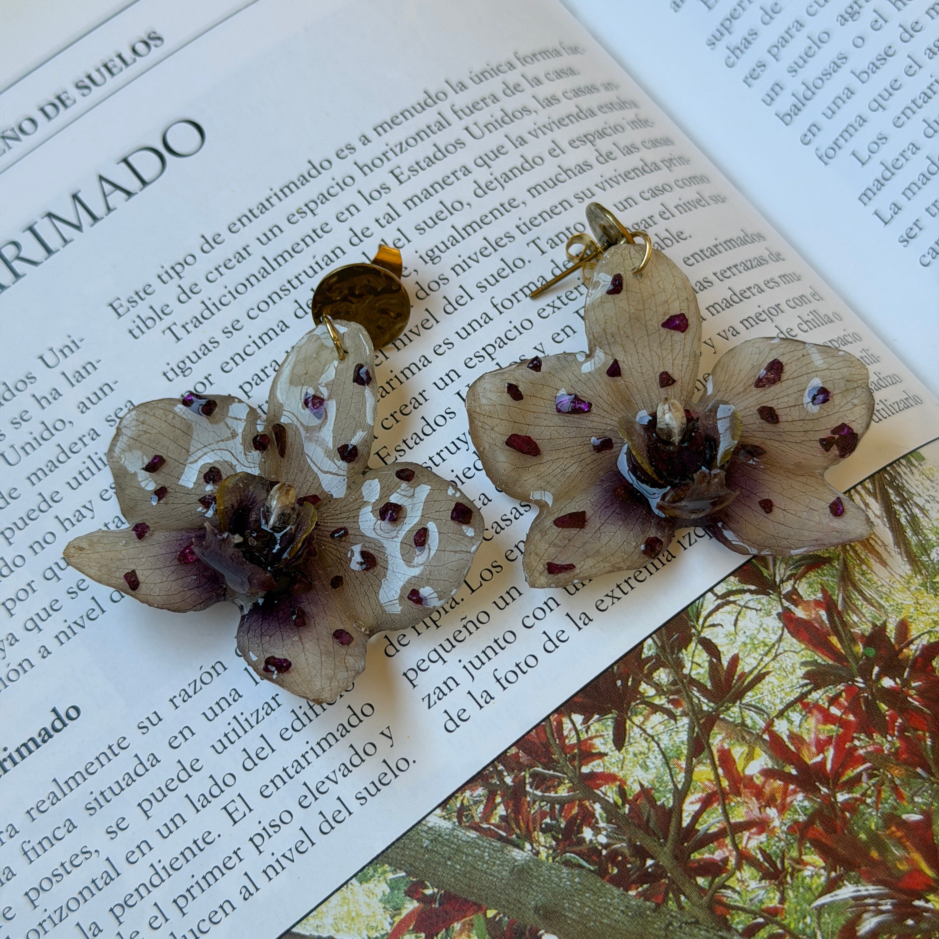 Pendientes de orquídea beige moteada encapsulada en resina sobre una revista
