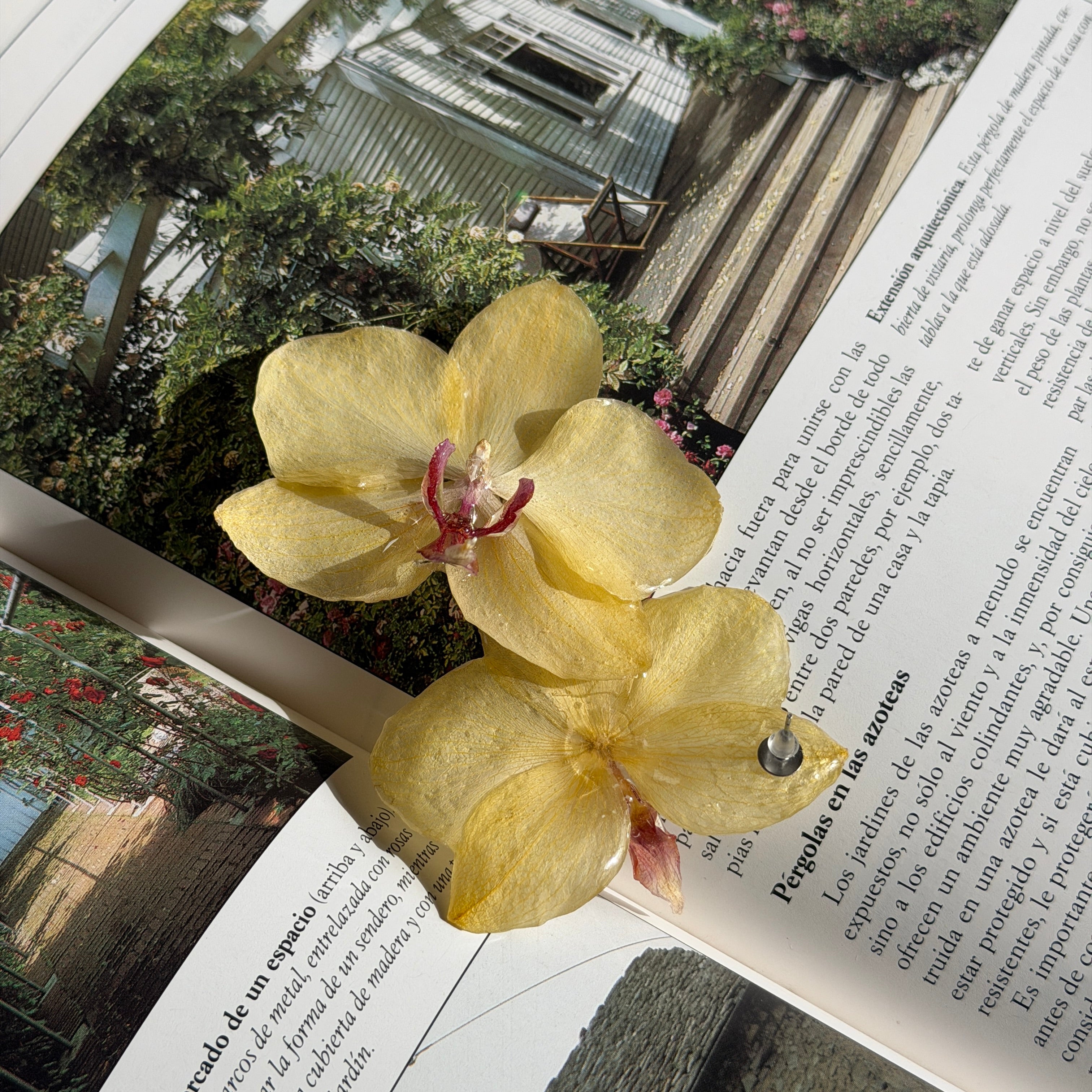 Pendientes de orquídea amarilla encapsulada en resina sobre una revista, con poste de acero visible