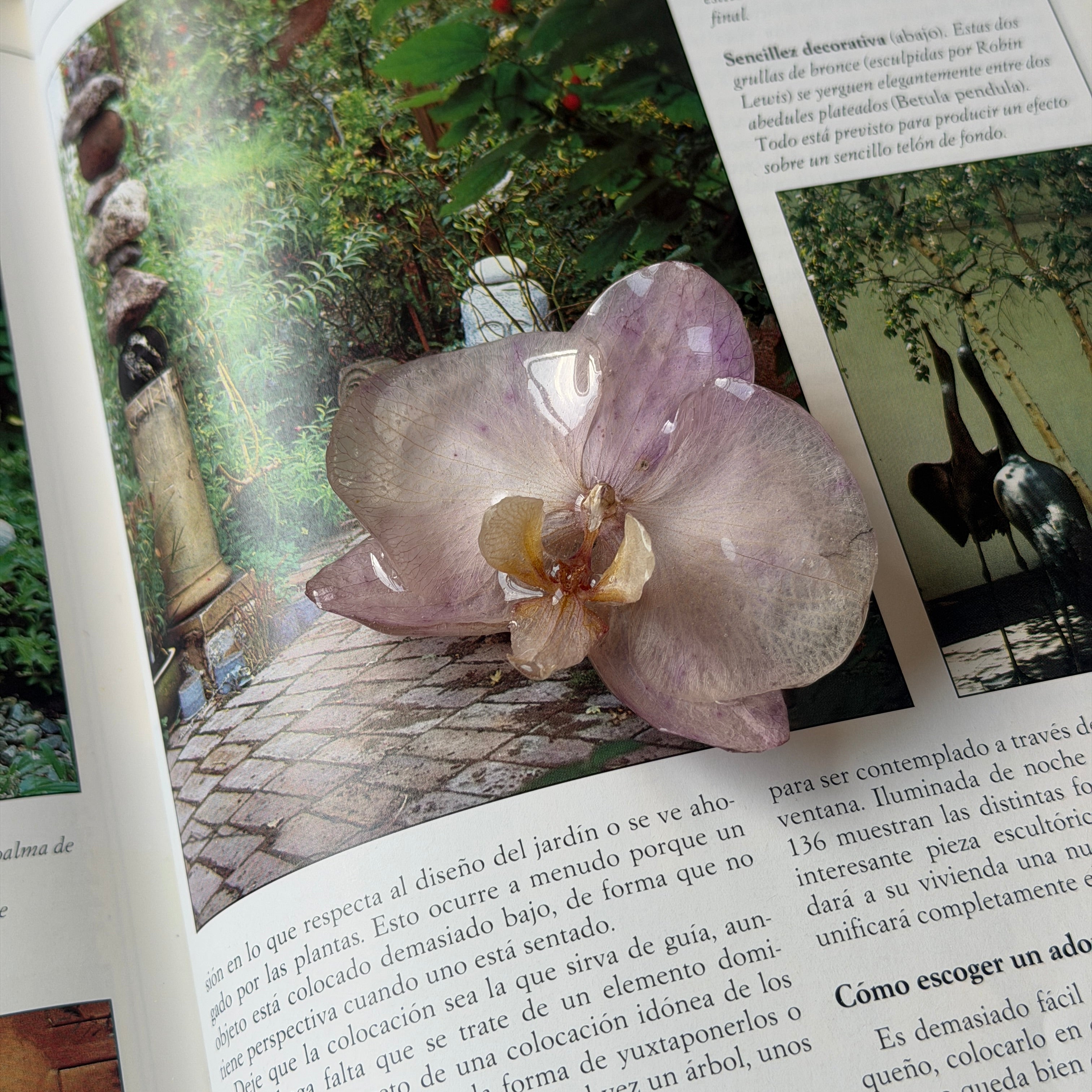 Pinza de orquídea lavanda encapsulada en resina sobre una revista abierta