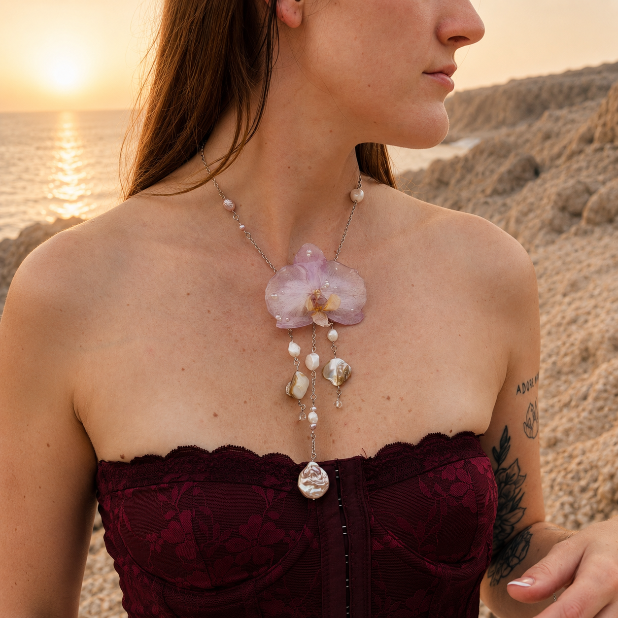 Collar de orquídea lila encapsulada en resina sobre el escote, vista de perfil