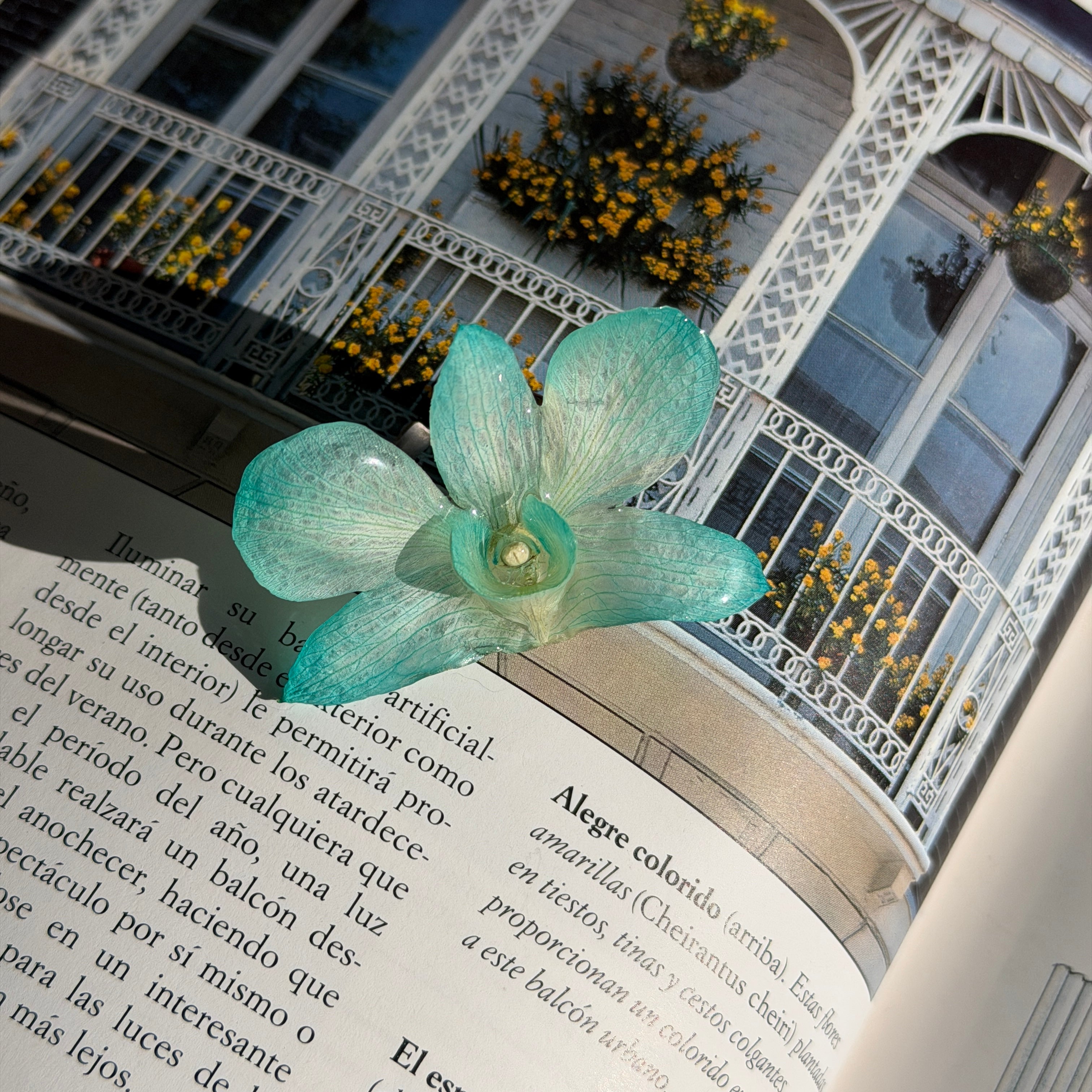 Anillo de orquídea turquesa encapsulada en resina sobre las páginas de un libro de jardinería
