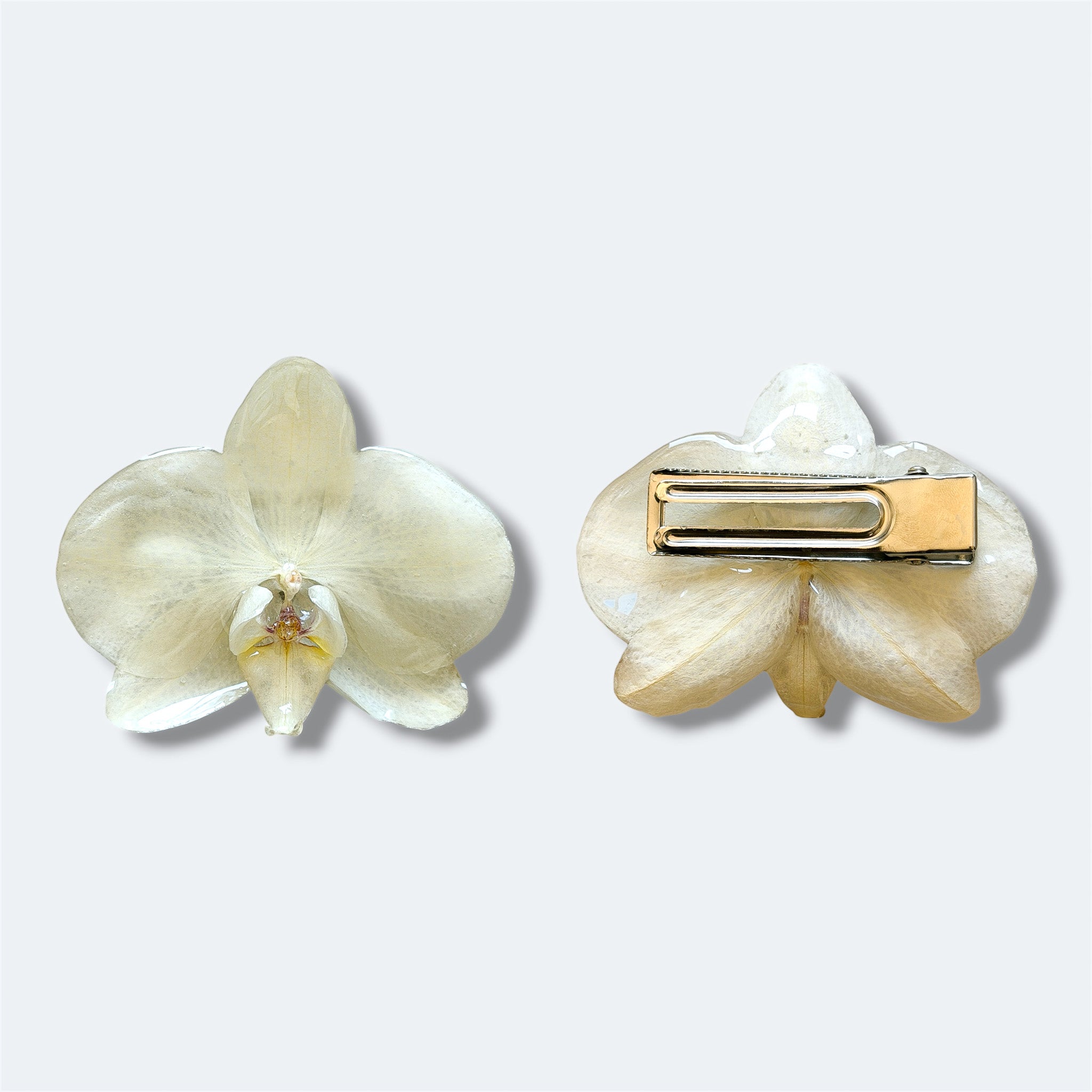 Pinza con orquídea marfil encapsulada en resina, vista frontal y trasera