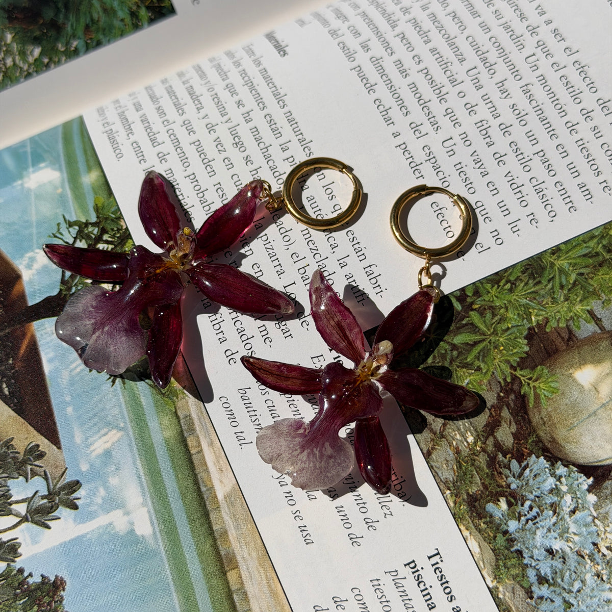 Par de pendientes de orquídea Cambria burdeos encapsulada en resina al sol sobre un libro