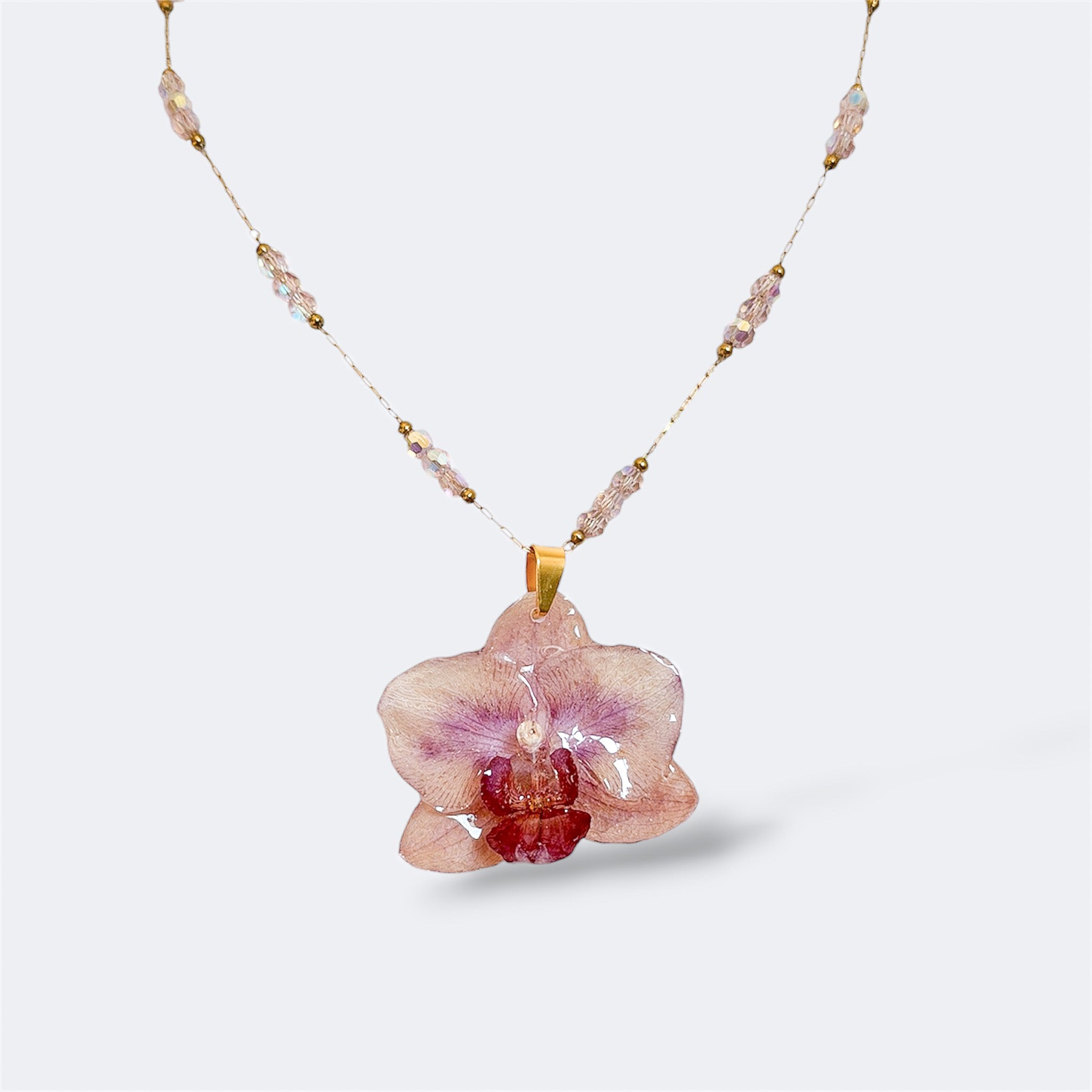 Collar con orquídea rosa real preservada en resina, sobre cadena de acero inoxidable con cuentas