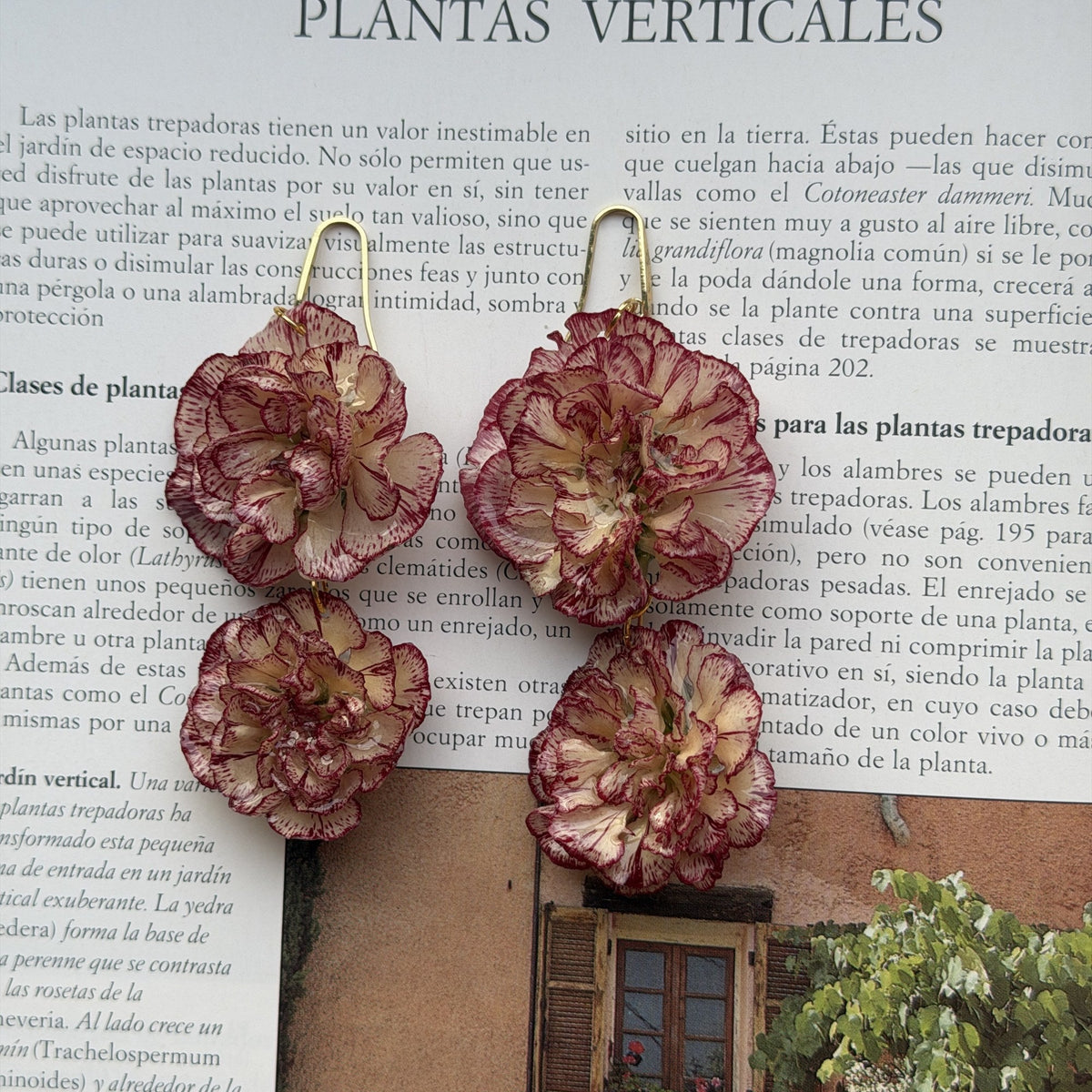 Pendientes Clavel Nácar con anzuelo dorado y dos claveles, sobre un libro de plantas